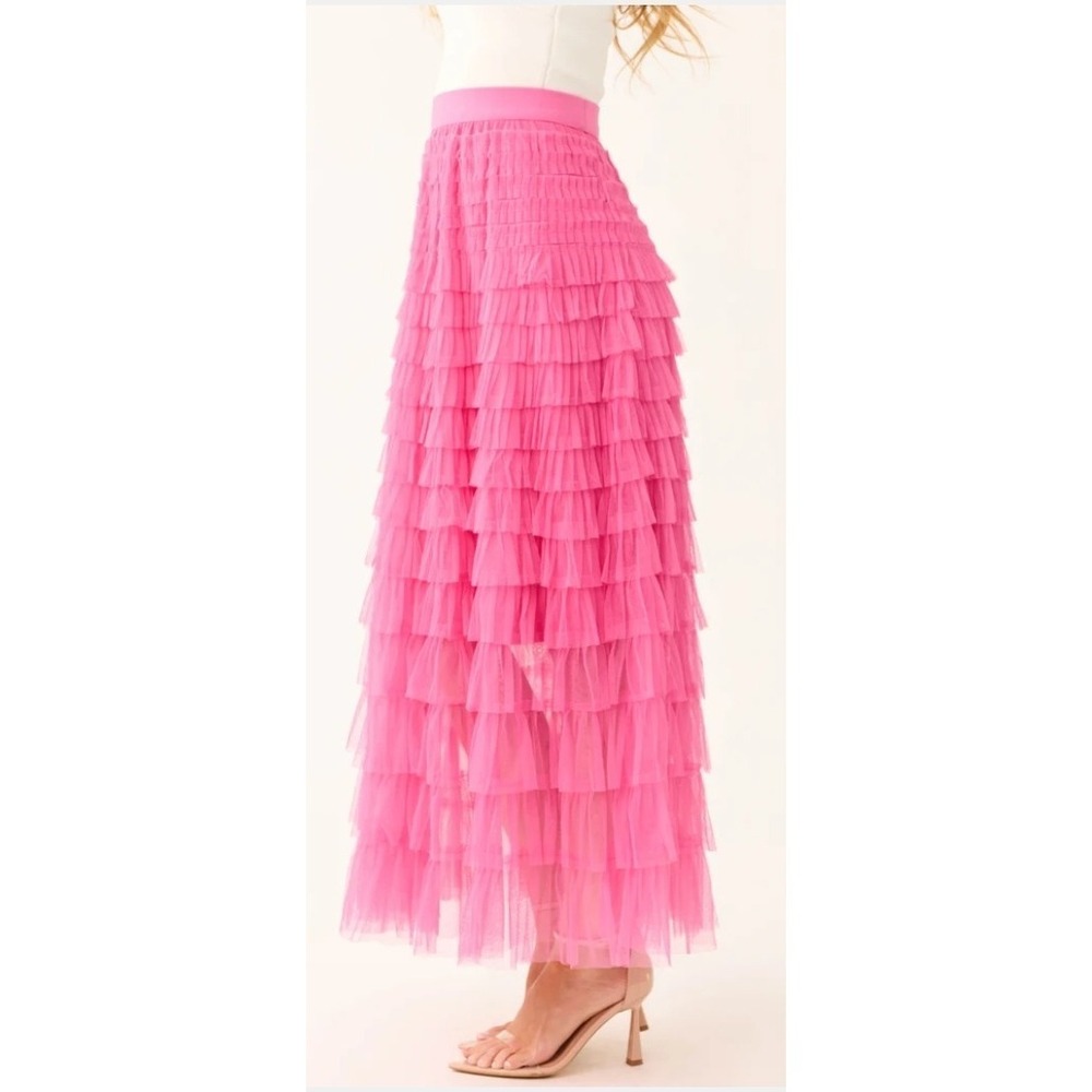 Coquette Fairy Tulle Pink Tiered Womens Maxi Skirt Medium Sheer Ethereal Kawaii - Picture 3 of 14